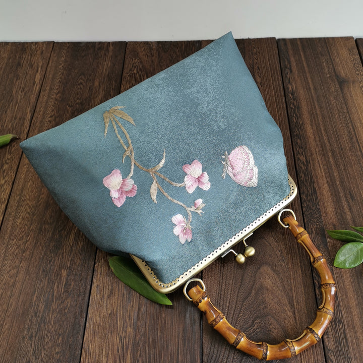 Handmade Blue Embroidered Chain Strap Top Handle Bag