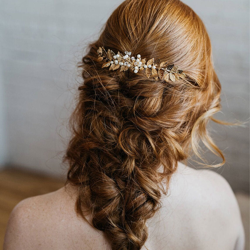 Gold Leaf Pearl Wedding Hair Combs Clips