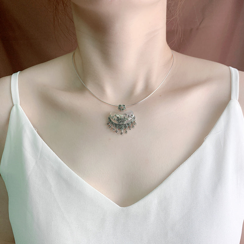 Jade Silver Longeval Lock Pendant Necklace Birthday Christmas Gift