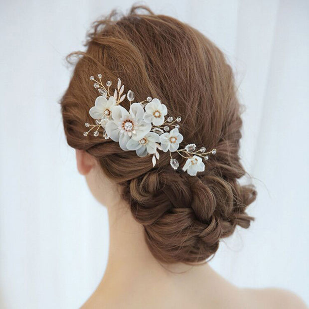 Fabrics Flower Rhinestone Wedding Bride Hair Comb Vine
