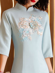 Blue Embroidered Split Fishtail Qi Pao Cheongsam Prom Dress