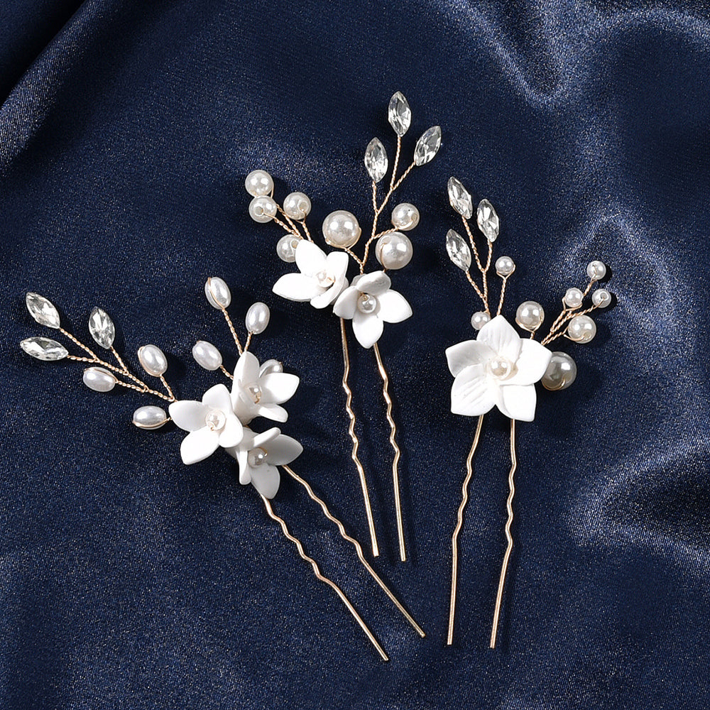 3 Pieces Bridal Flower Pearl Hair Pins