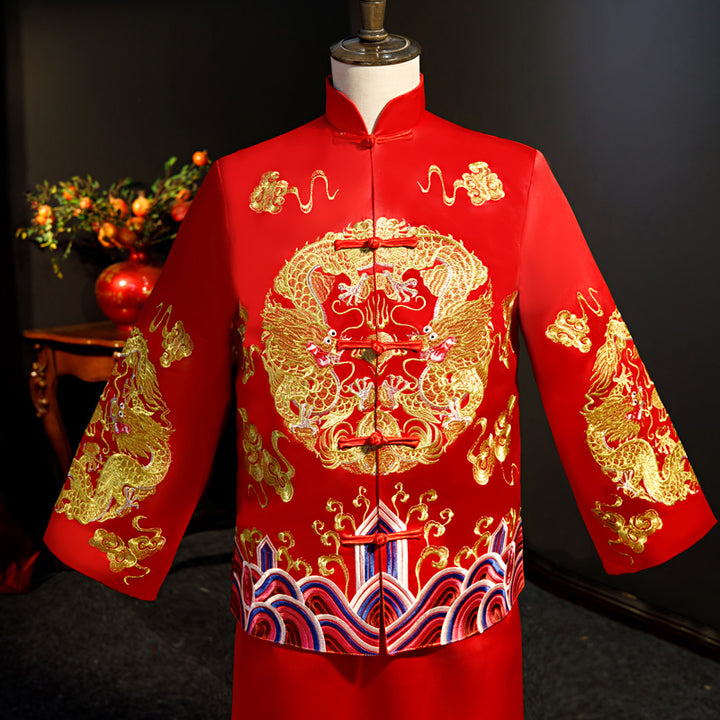 Red Embroidered Men's Dragon Wedding Suit, Jacket & Skirt