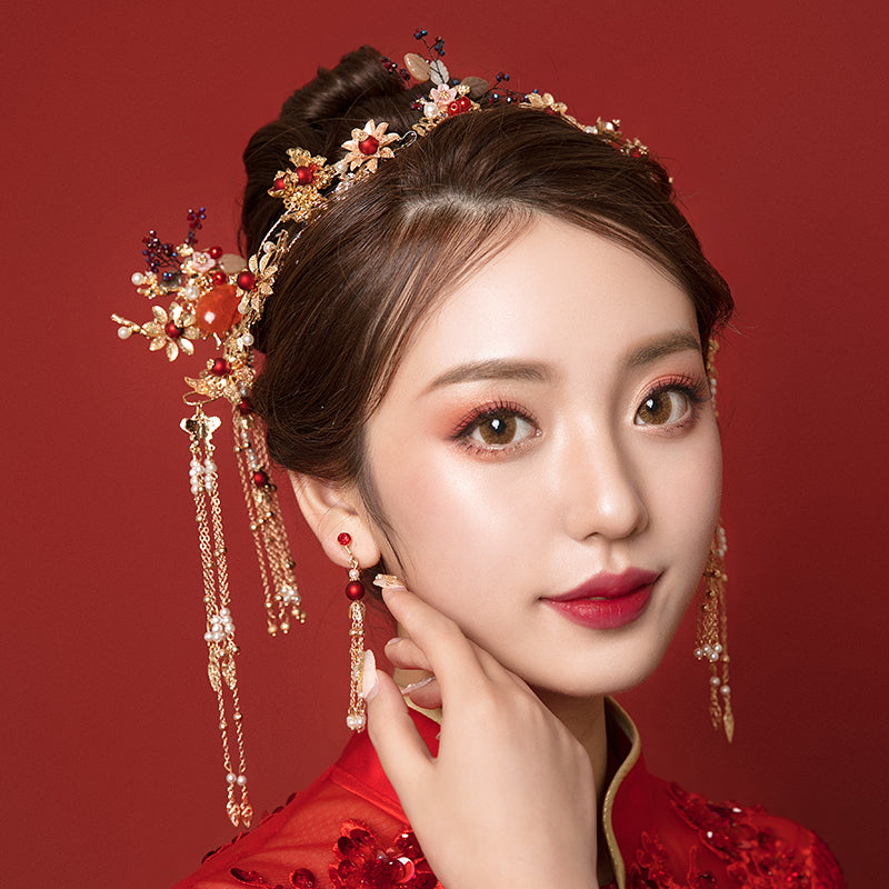 3-Piece Glod Tone Floral Hair Combs Earring