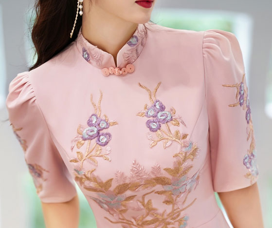 Pink Appliques Fit & Flare Wedding Cheongsam Qi Pao Dress