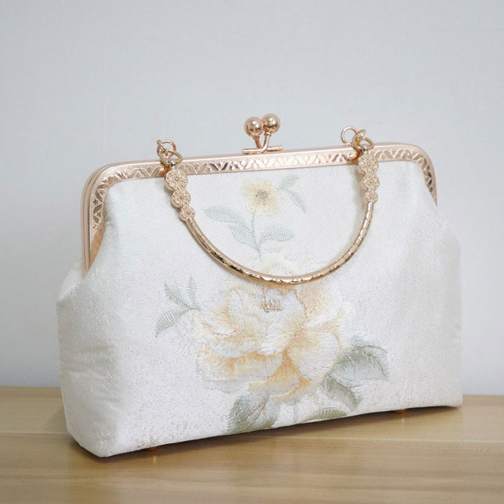 White Embroidered Peony Chain Top Handle Clutch Handbag