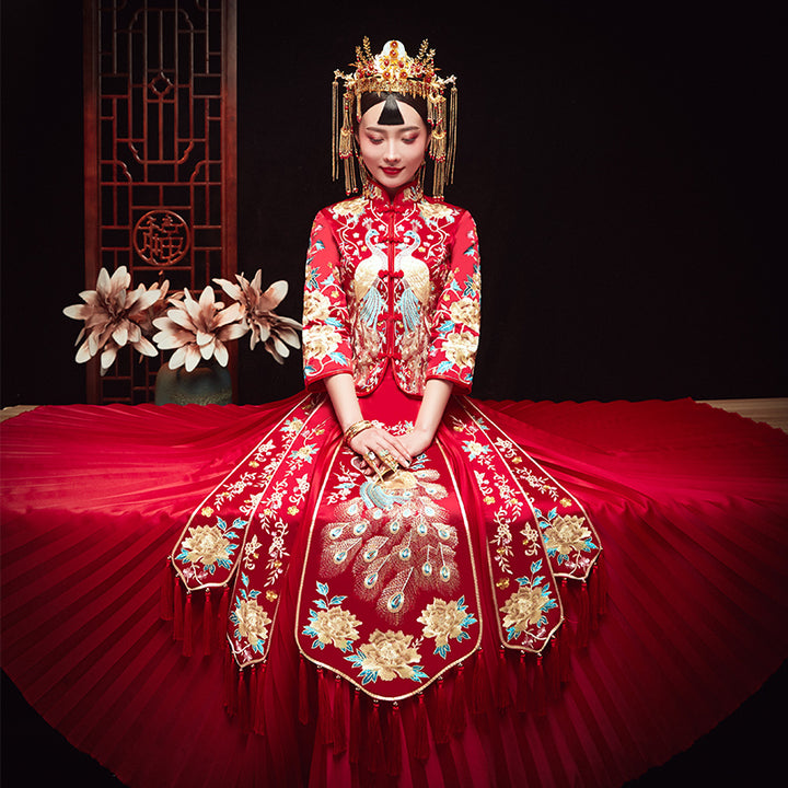 2024 Embroidered Phoenix Wedding Bridal Qun Kwa & Pleated Skirt