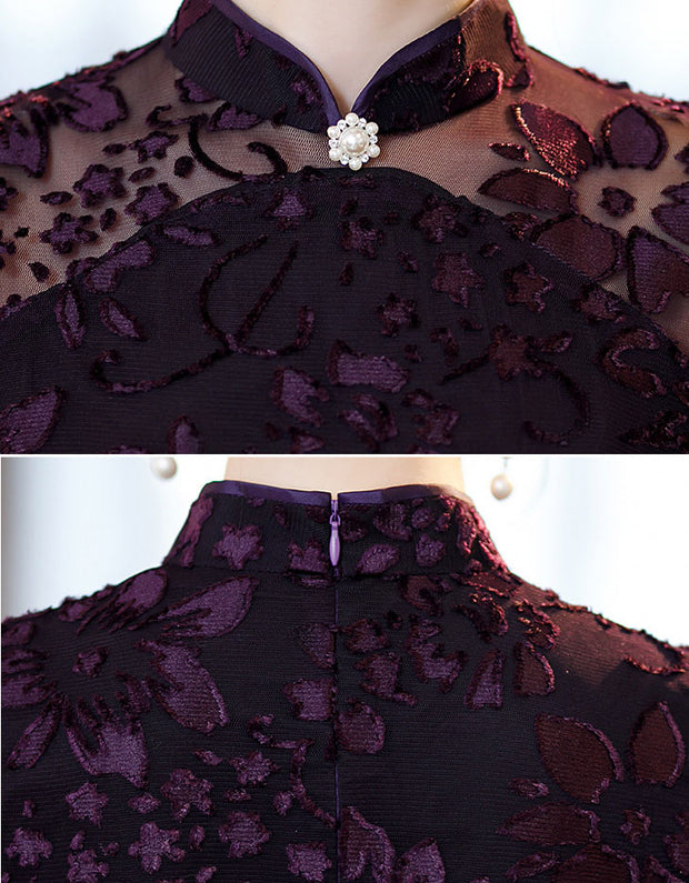 Purple Velvet Illusion Maxi Cheongsam Qi Pao Dress