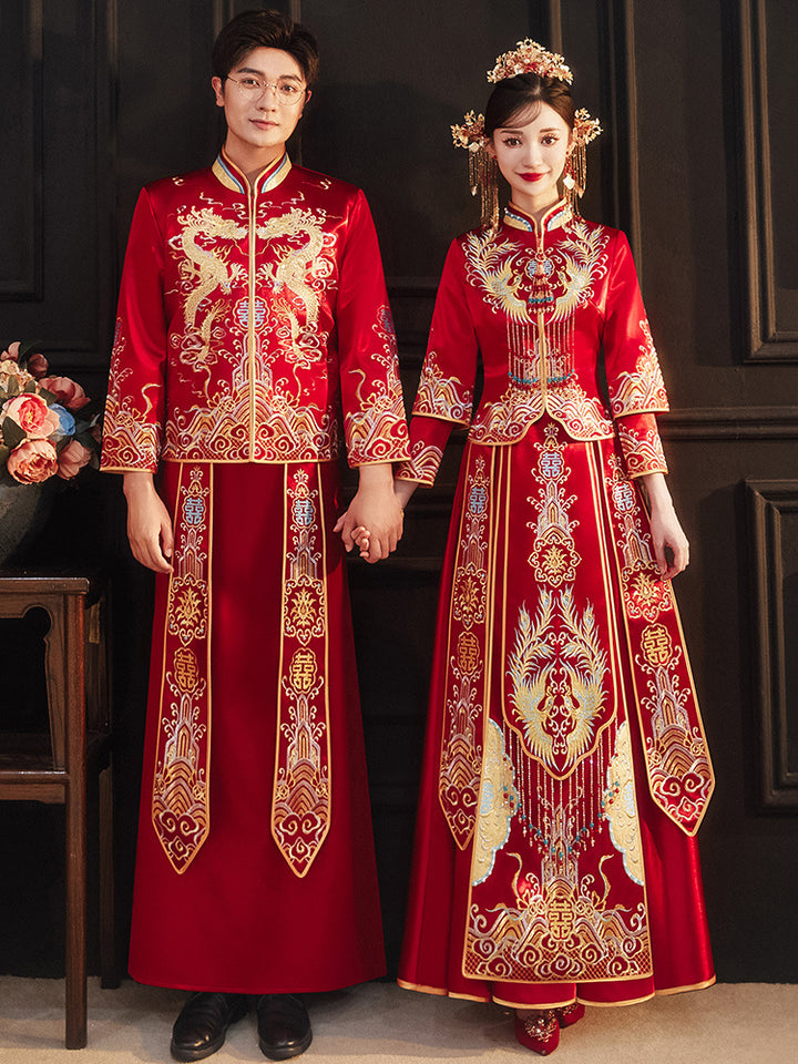 Red Embroidered Phoenix Wedding Bridal Qun Gua Xiuhe