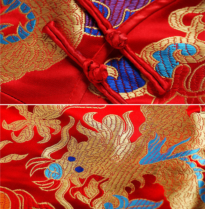Yellow Red Jacquard Dragon Traditional Cheongsam Qi Pao Dress