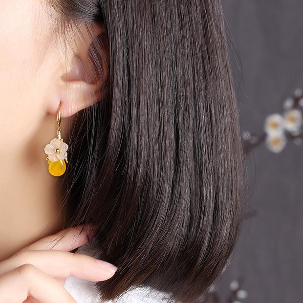 Yellow Jade Dangle Drop Clip On Pierced Earrings