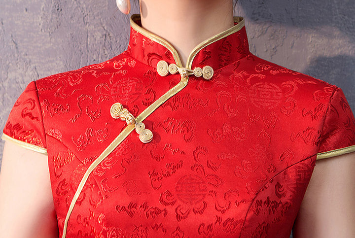 Red Floral Brocade Long Qipao / Cheongsam Wedding Dress