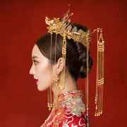 Gold Tone Wedding Bride Hair Tassels Crown & Earring