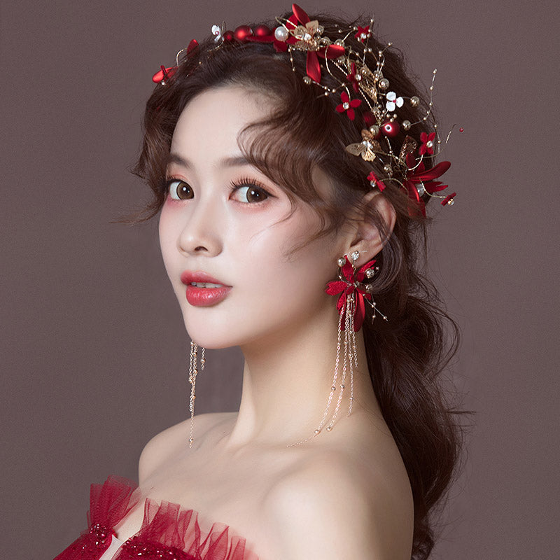 Red Silk Blossom Pearl Bridal Hair Vine Clip