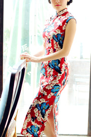 Red Floral Linen Long Qipao / Cheongsam Dress