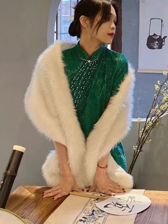 Black White Faux Fur Bridal Winter Shawl Wrap Scarf