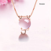 12 Constellation Zodiac Silver Pink Crystal Pendant Necklace