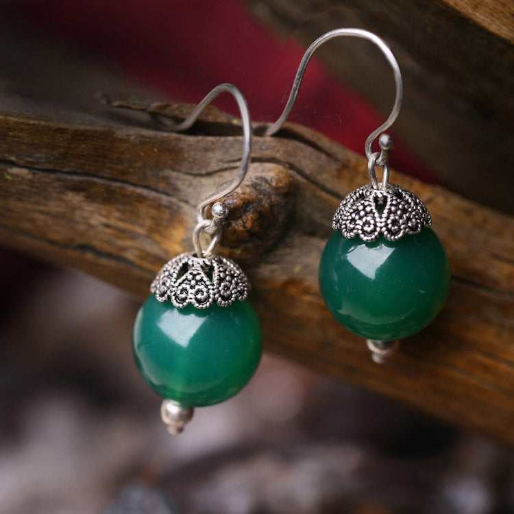 Green Agate Dangle Drop Hook Non Pierced Earrings