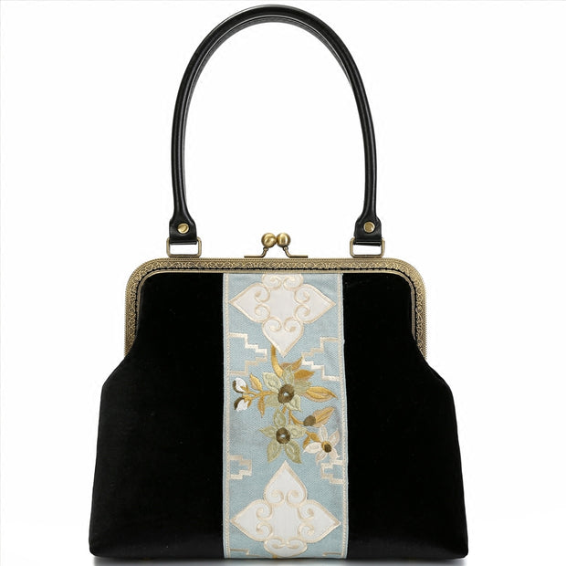 Black Embroidered Velvet Top Handle Party Bag