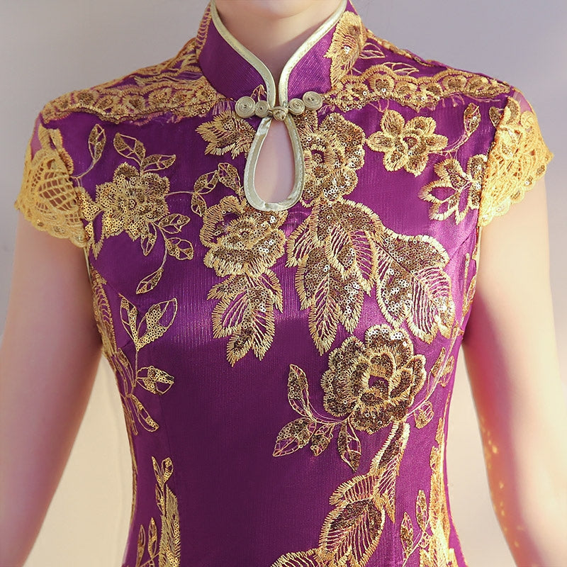 Purple Pink Sequined Maxi Qipao / Cheongsam Evening Dress