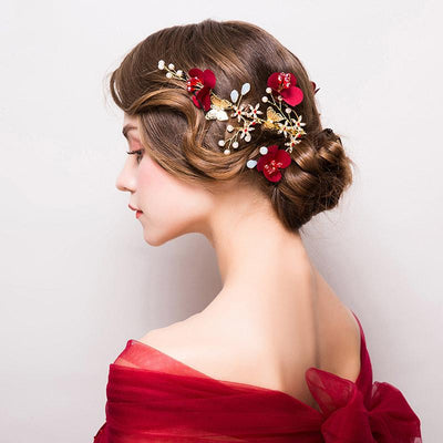 Red Blossoms and Alloy Pearl Hair Vine