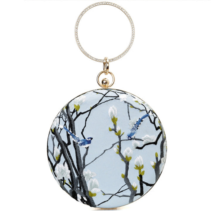 Blue Embroidered Chain Strap Ring Wristlet Bag