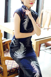Navy Blue Chiffon Qipao / Cheongsam Dress in Printed Leaf