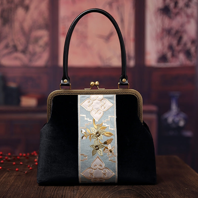 Black Embroidered Velvet Top Handle Party Bag