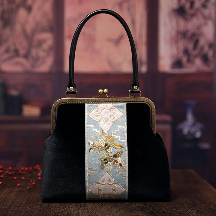 Black Embroidered Velvet Top Handle Party Bag