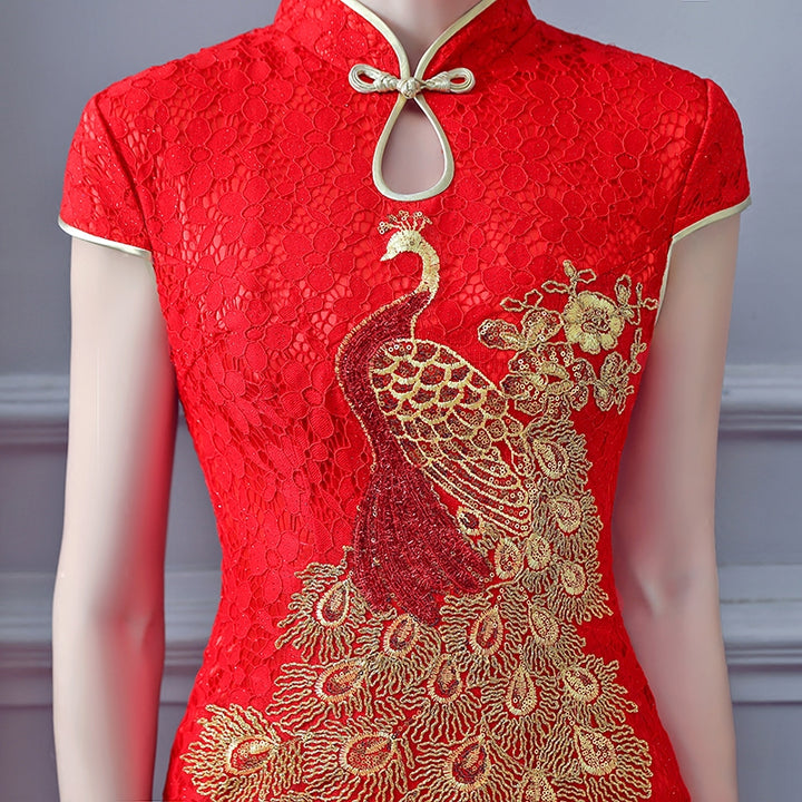 Red Lace Phoenix Fishtail Long Qipao / Cheongsam Wedding Dress