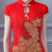 Red Lace Phoenix Fishtail Long Qipao / Cheongsam Wedding Dress