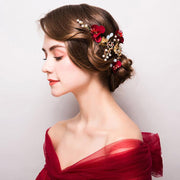 Red Blossoms and Alloy Pearl Hair Vine