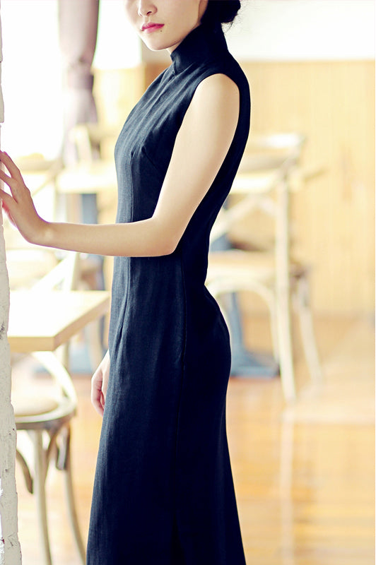 Black Ramie Tea-Length  Qipao / Cheongsam Dress