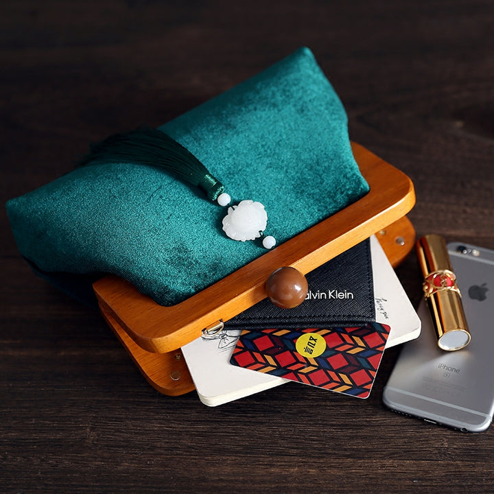 Green Shoulder Cross Wood Handle Clutch Handbag