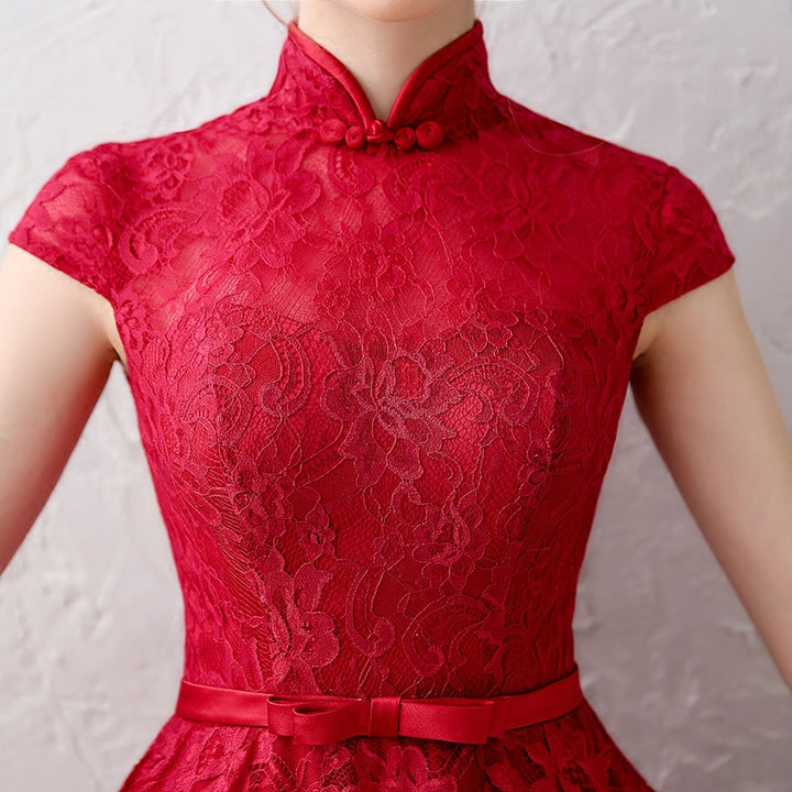 Ball Gown Wine Red Lace Qipao / Cheongsam Evening Dress