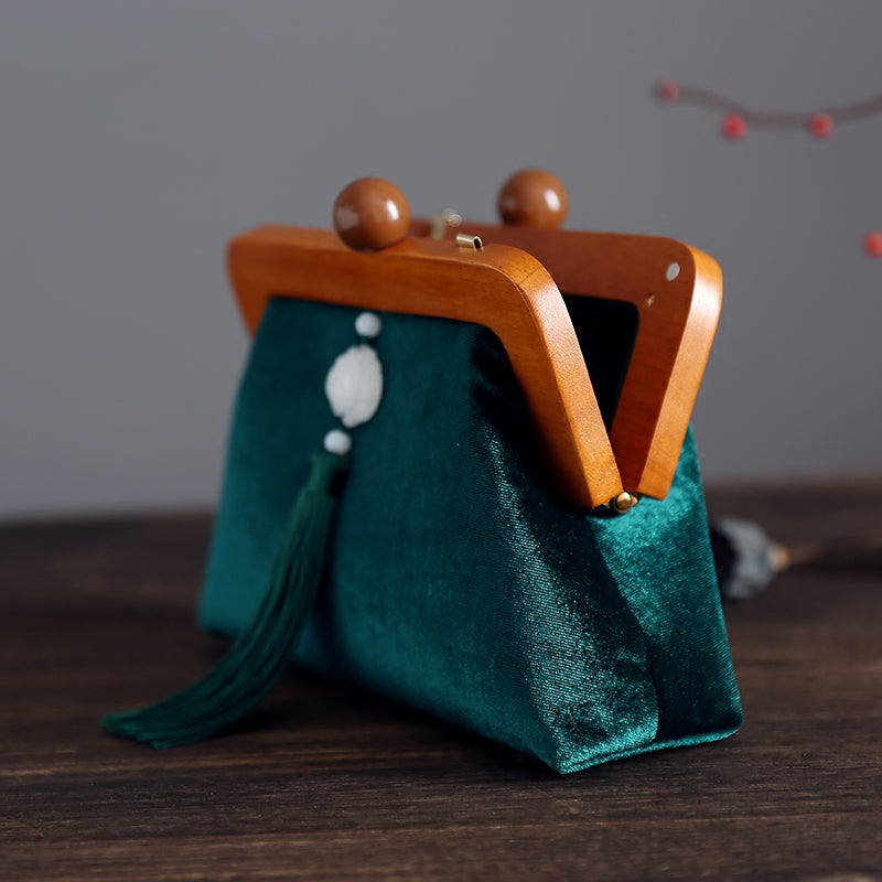 Green Shoulder Cross Wood Handle Clutch Handbag