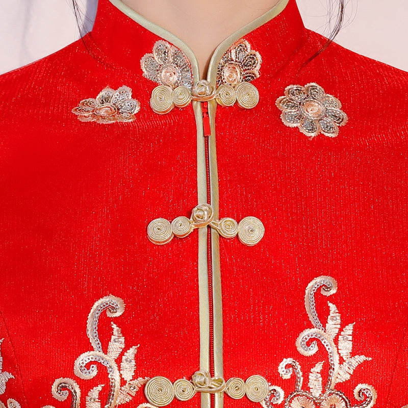 Sequined Embroidered Floral Chinese Wedding Bridal Qun Gua