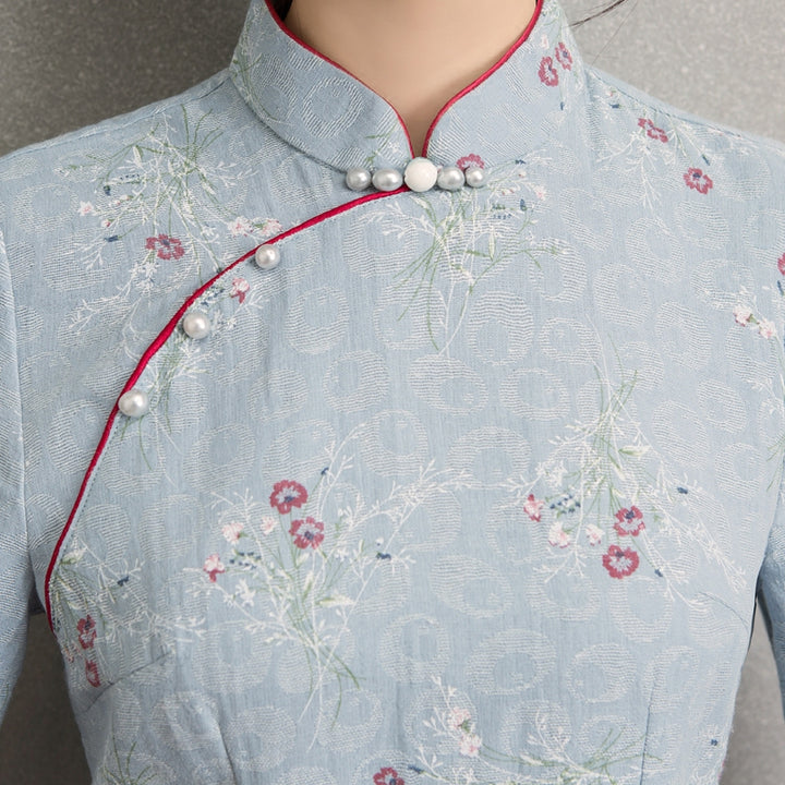 Blue Jacquard Linen Qipao / Cheongsam Dress