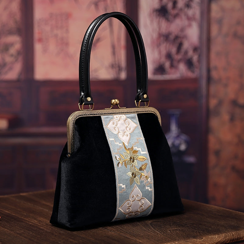 Black Embroidered Velvet Top Handle Party Bag