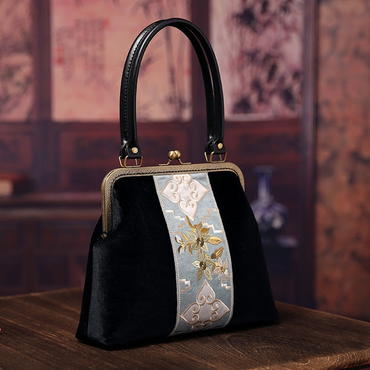 Black Embroidered Velvet Top Handle Party Bag