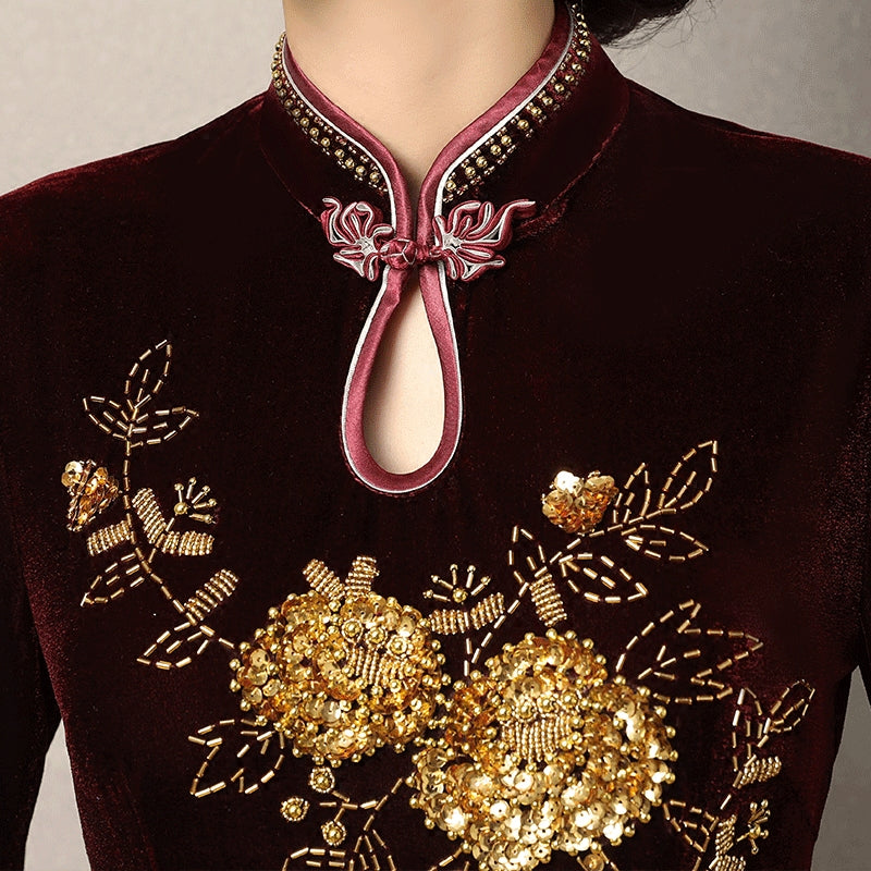 Mothers Velvet Mid Qi Pao Cheongsam Dress with Beaded Floral