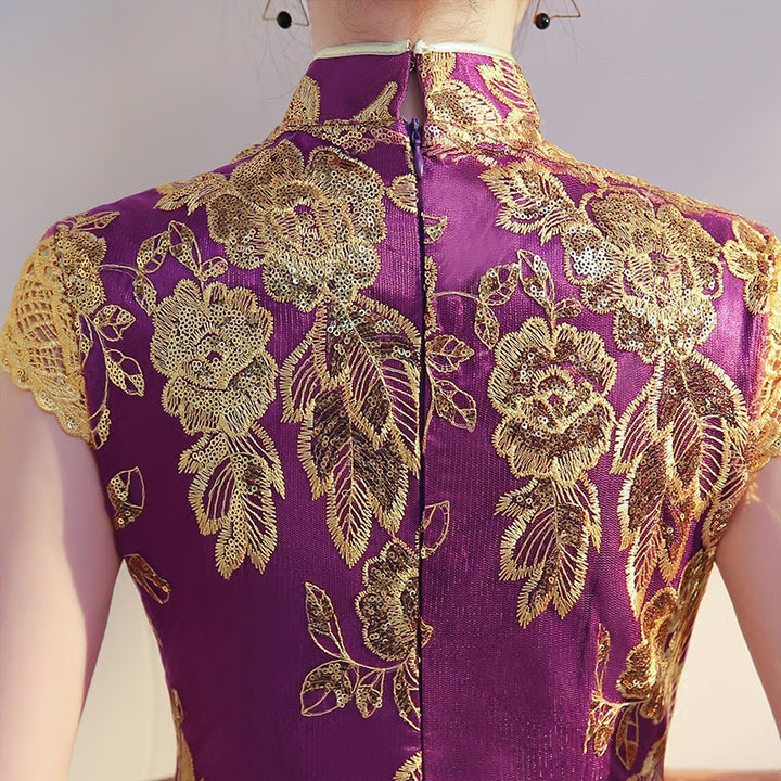Purple Pink Sequined Maxi Qipao / Cheongsam Evening Dress