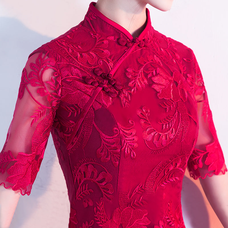 Wine Red Lace A-Line Qipao / Cheongsam Dress