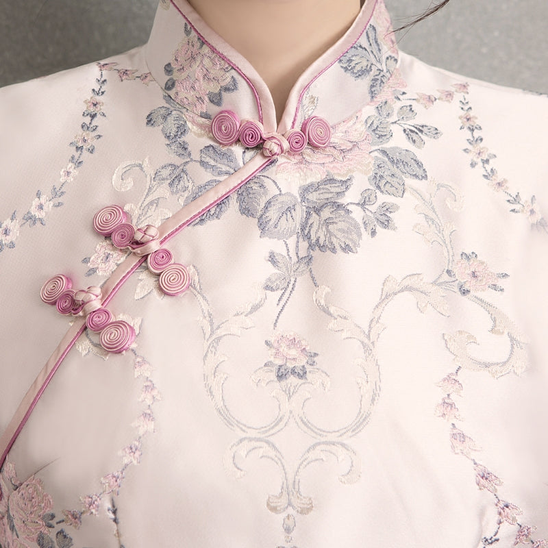 Pink Woven Floral Midi Qipao / Cheongsam Party Dress for Winter