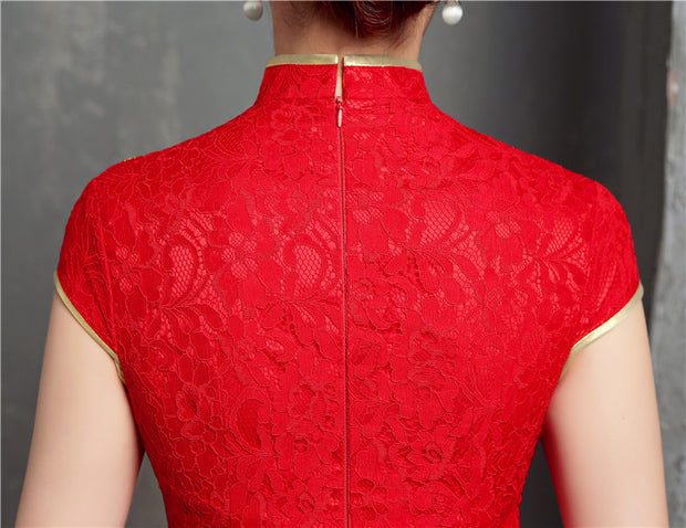 Red Lace Phoenix Full Length Cheongsam / Qipao Wedding Dress