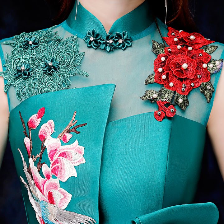 Purple Green Embroidered Fishtail Qipao / Cheongsam Party Dress