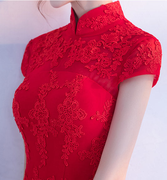 Red Slinky Fishtail Qipao / Cheongsam Dress with Lace Top