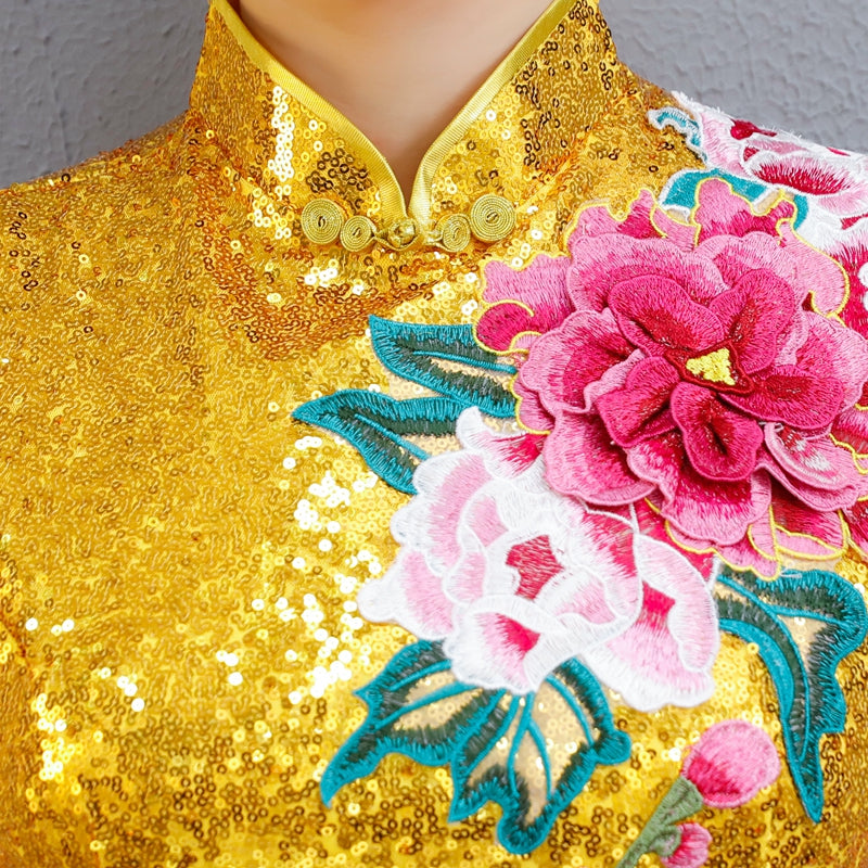 Sequin Embroidered Maxi Qipao / Cheongsam Evening Dress