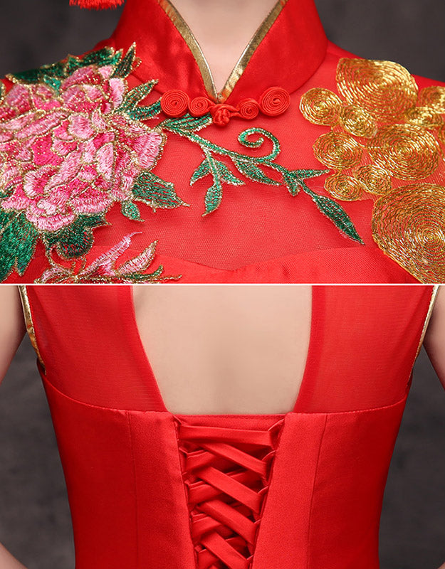 Red Embroidered Trumpet Mermaid Qipao / Cheongsam Evening Dress
