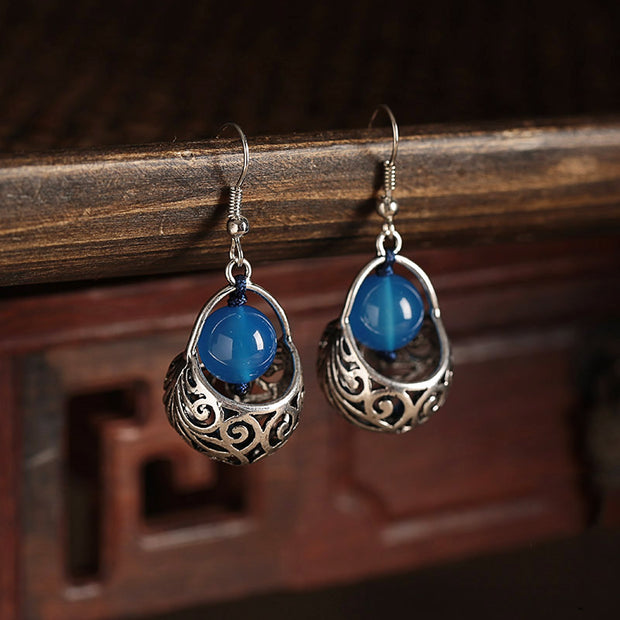  Pierced Clip On Blue Agate Dangle Drop Earrings